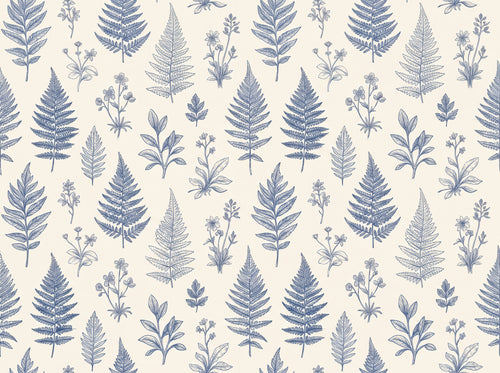 Blue And White Fern Botanical Mural sample on the real paper