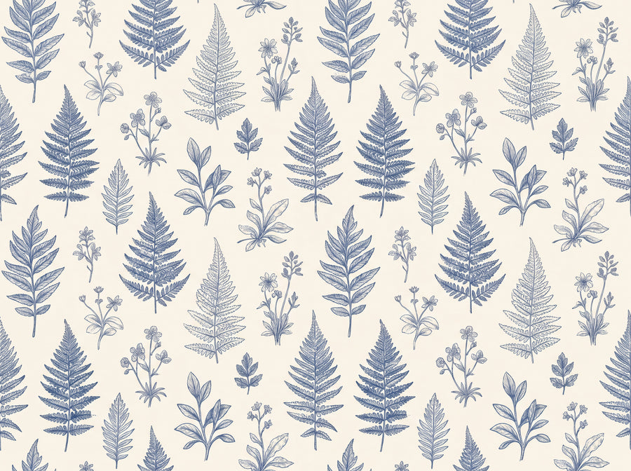 Blue And White Fern Botanical Mural