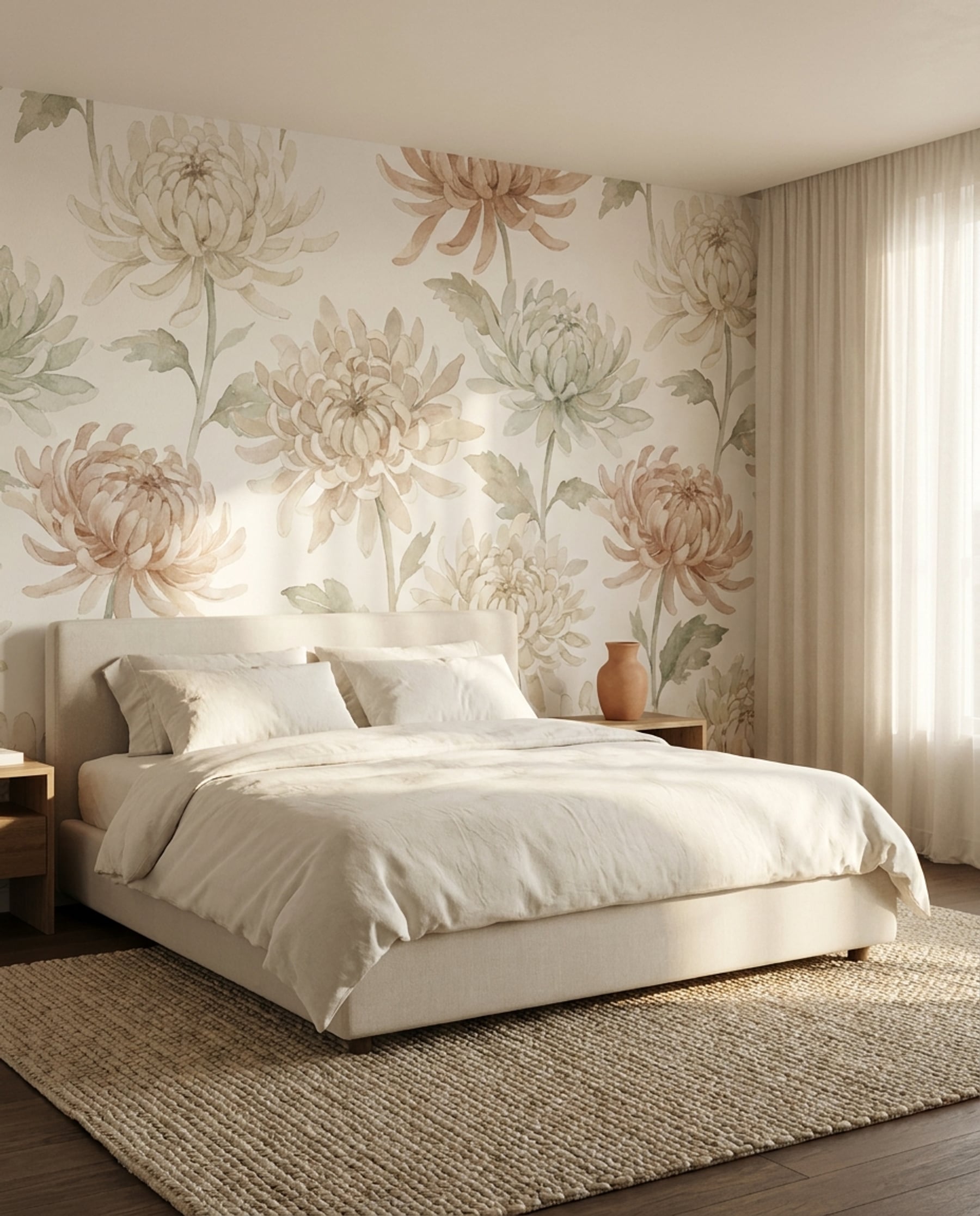 Chrysanthemum mural in a calm bedroom