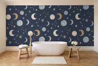 Navy Moon Celestial Mural in a bathroom