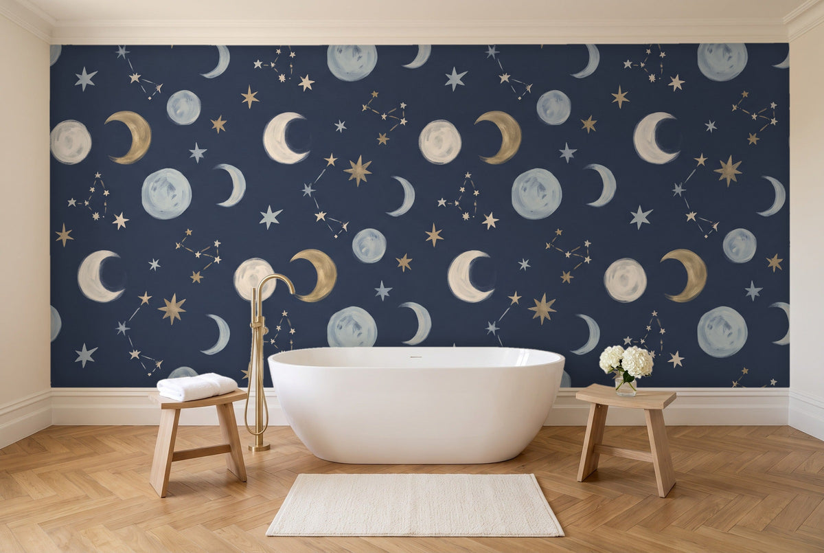 Navy Moon Celestial Mural in a bathroom