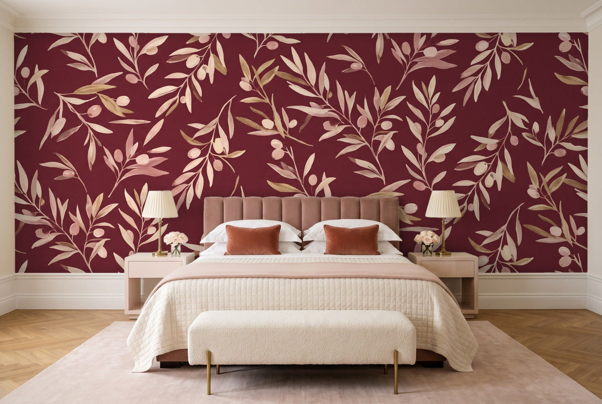 Burgundy Olive Branch Botanical Mural in a bedroom