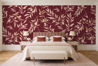 Burgundy Olive Branch Botanical Mural in a bedroom