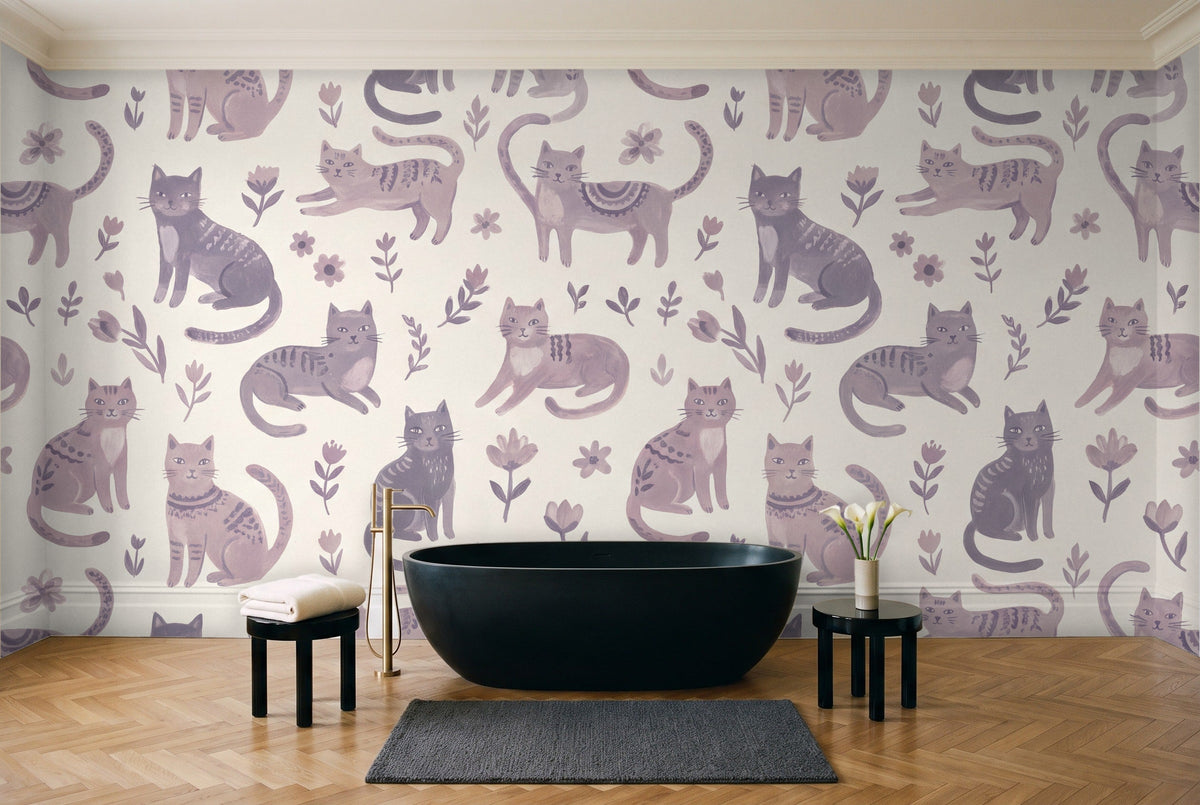 Lilac Cat Animal Mural in a bathroom