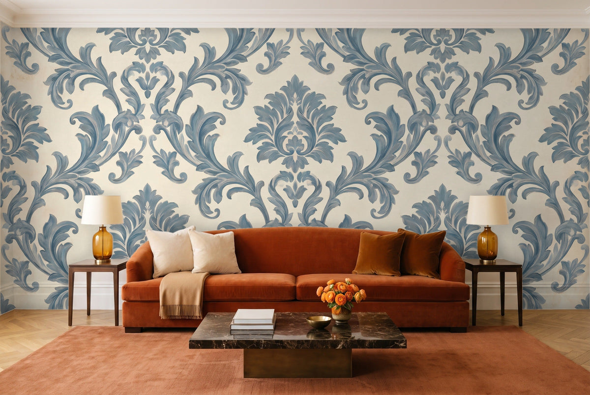 Blue Scroll Damask Mural in a living room