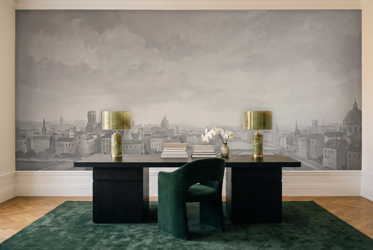 Grey City Cityscape Mural in a home office