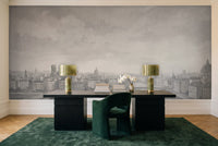 Grey City Cityscape Mural in a home office