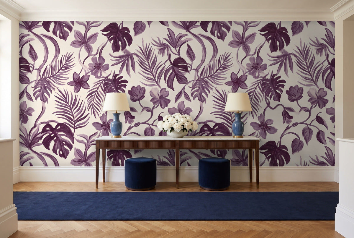 Purple Jungle Tropical Mural in an entryway