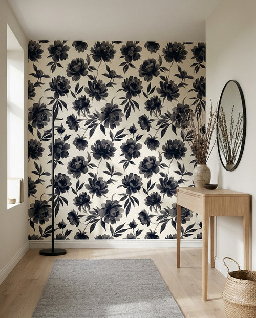 Black-and-white Peony Floral Mural on a feature wall