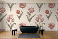Blush Tulip Floral Mural in a bathroom