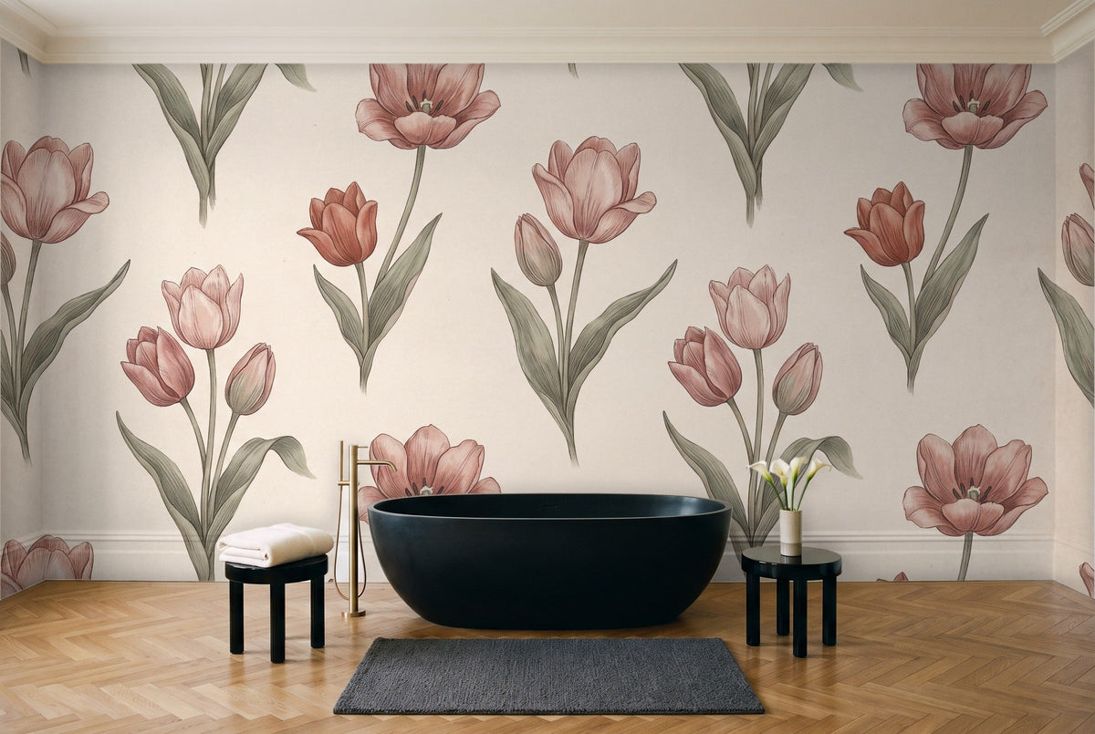 Blush Tulip Floral Mural in a bathroom