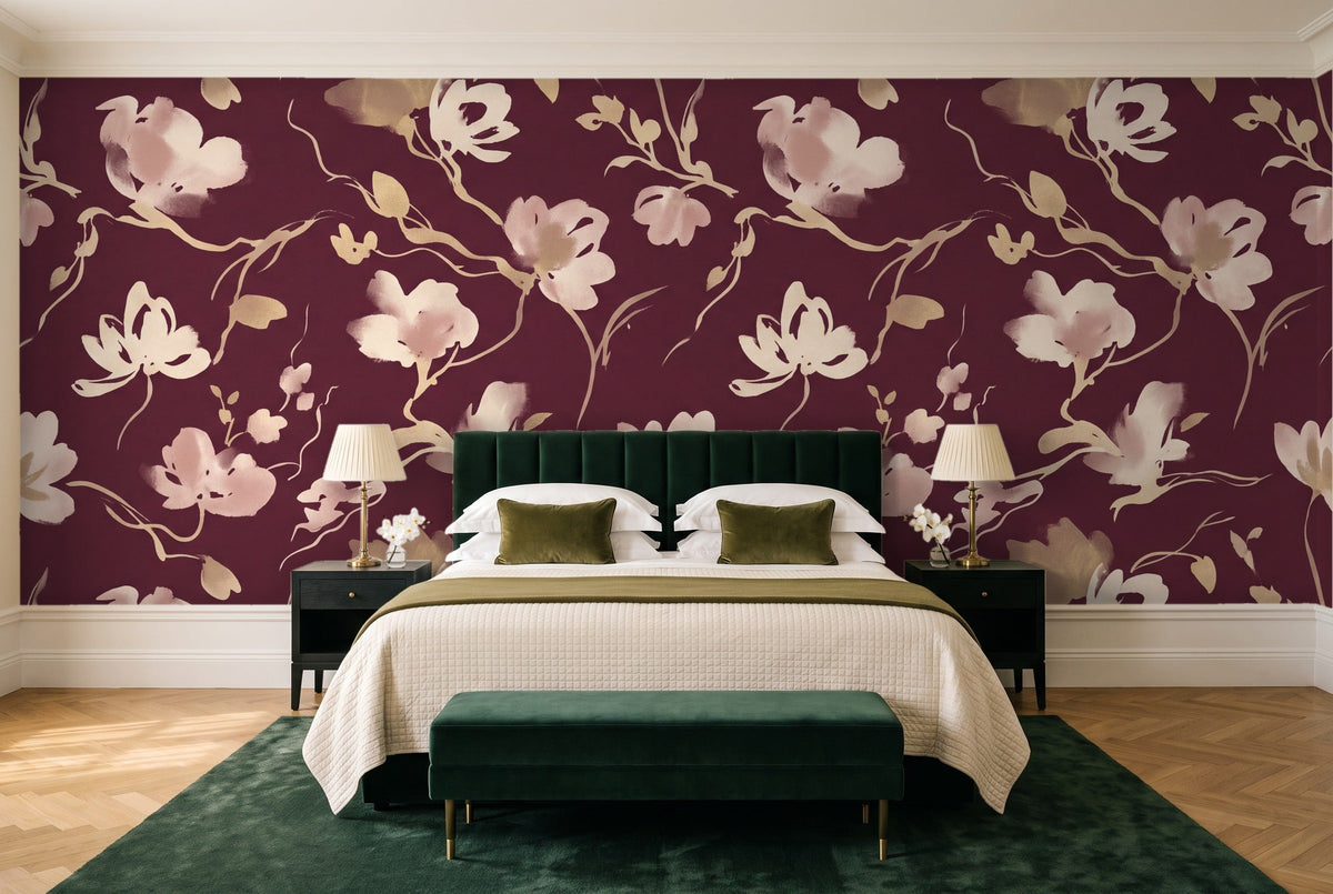 Burgundy Brushstroke Abstract Mural in a bedroom