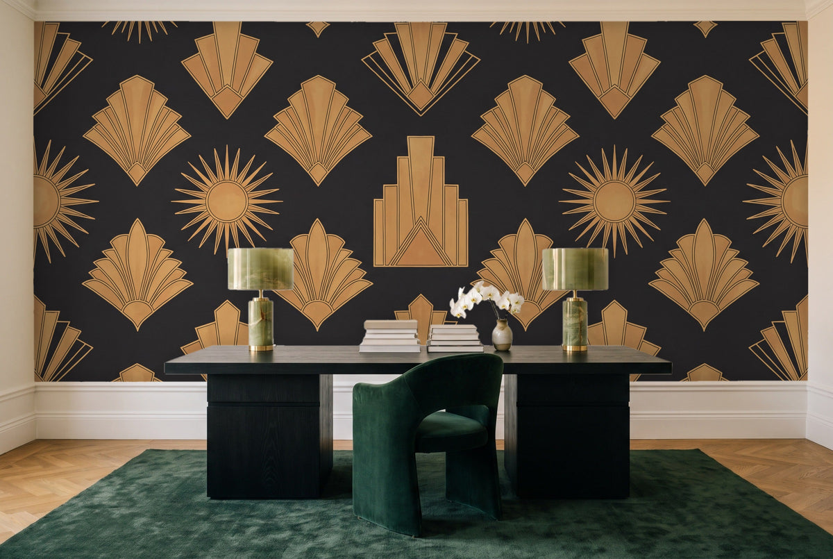 Black And Gold Art Deco Mural in a home office