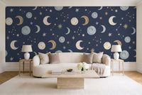Navy Moon Celestial Mural in a living room