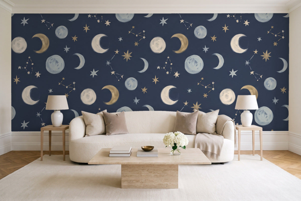 Navy Moon Celestial Mural in a living room