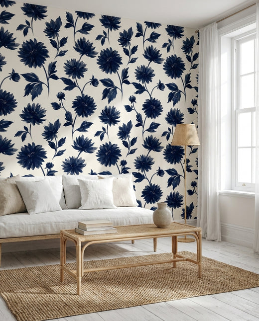 Navy Dahlia Floral Mural