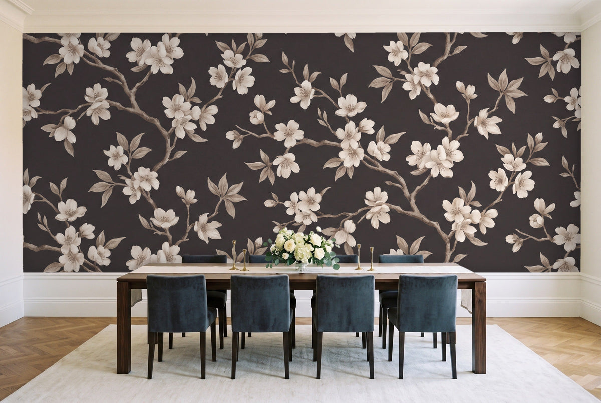 Charcoal Cherry Blossom Floral Mural in a dining room