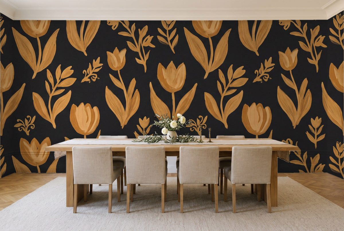 Black And Gold Tulip Floral Mural in a dining room