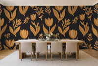 Black And Gold Tulip Floral Mural in a dining room