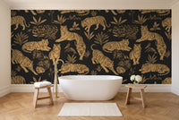 Black And Gold Tiger Animal Mural in a bathroom