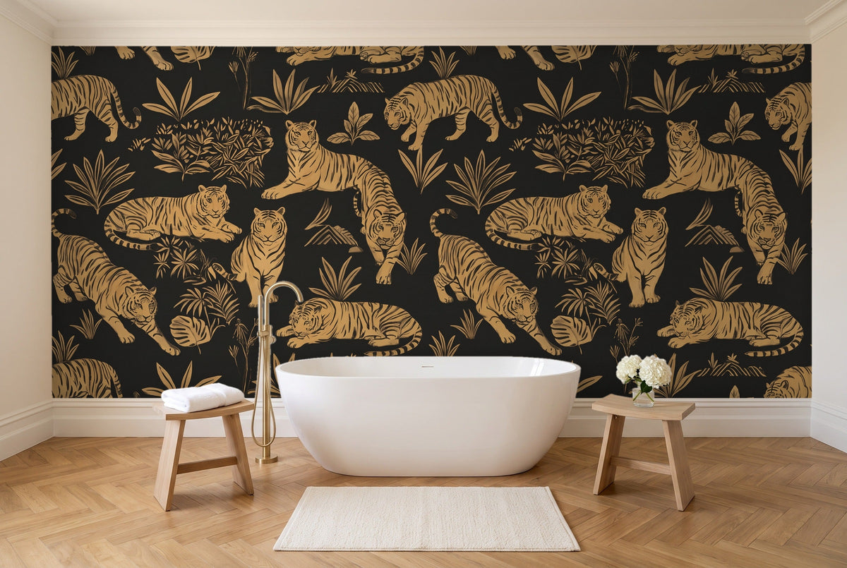 Black And Gold Tiger Animal Mural in a bathroom