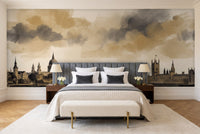 Black And Gold London Cityscape Mural in a bedroom
