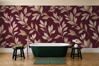 Burgundy Leaf Botanical Mural in a bathroom