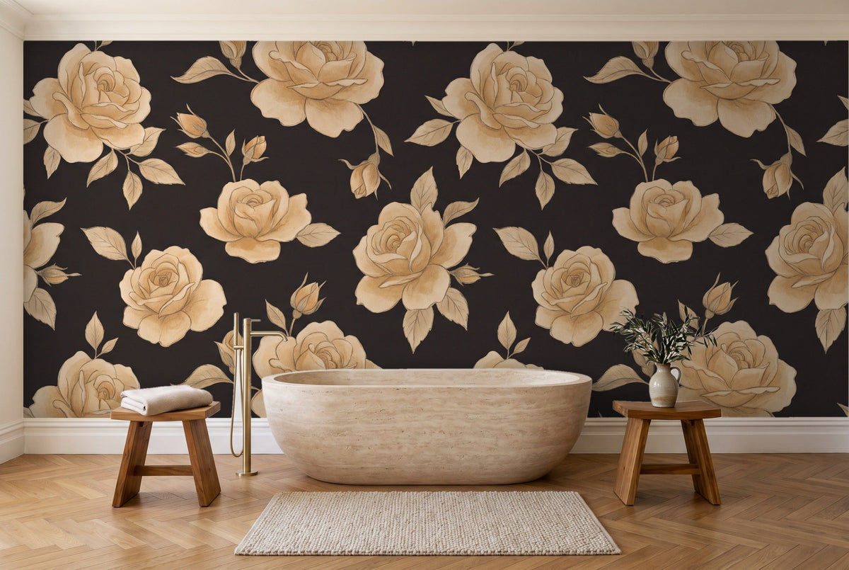Black And Gold Rose Floral Mural in a bathroom