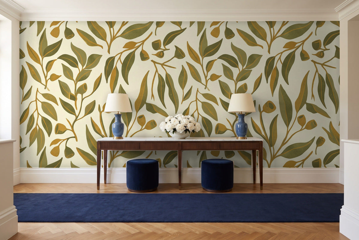 Olive Eucalyptus Botanical Mural in an entryway