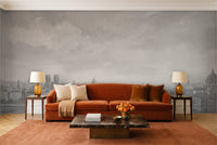Grey City Cityscape Mural in a living room