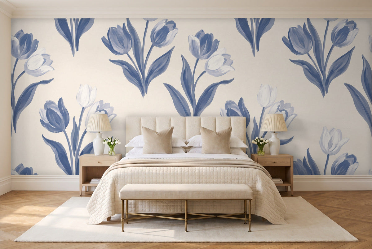 Blue And White Tulip Floral Mural in a bedroom