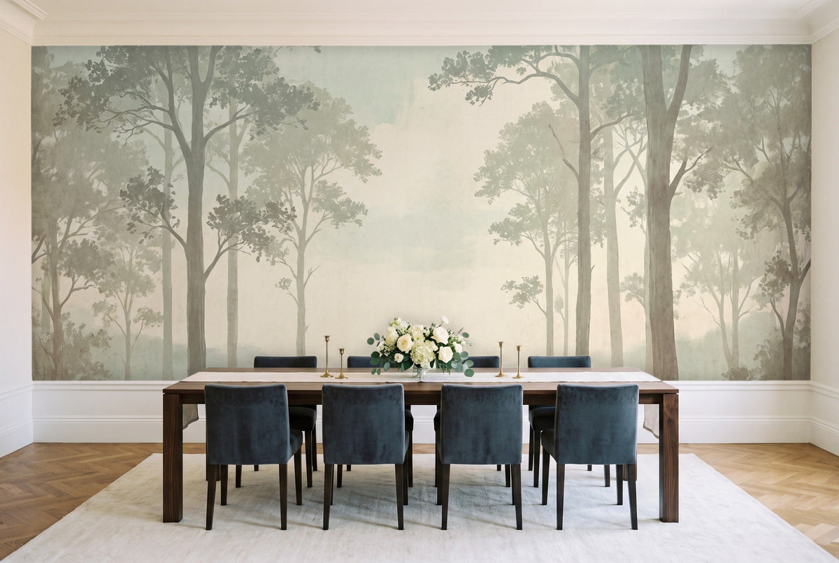 Mint Forest Landscape Mural in a dining room