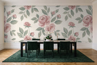 Green And Pink Rose Floral Mural in a dining room