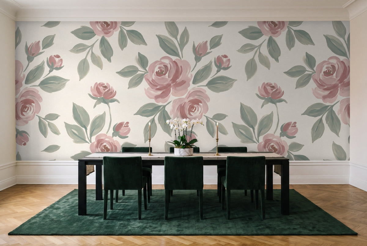 Green And Pink Rose Floral Mural in a dining room