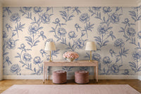 Blue And White Peony Floral Mural in an entryway