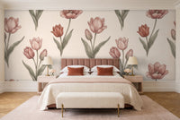 Blush Tulip Floral Mural in a bedroom