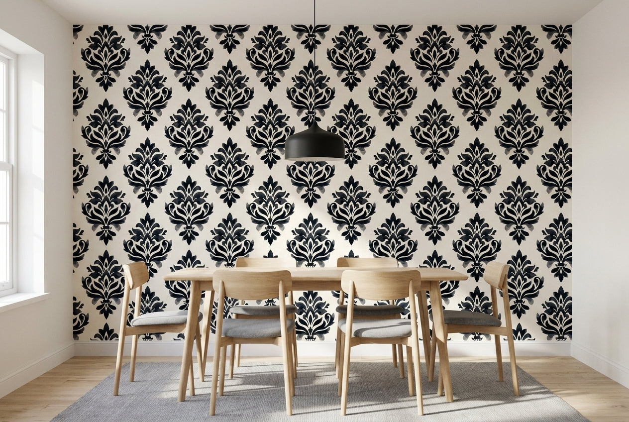 Black Damask Damask Mural on a feature wall