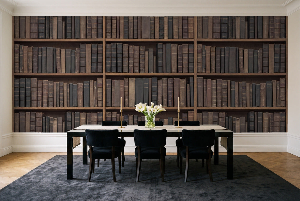Charcoal Bookshelf Library Mural in a dining room