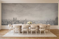 Grey City Cityscape Mural in a dining room
