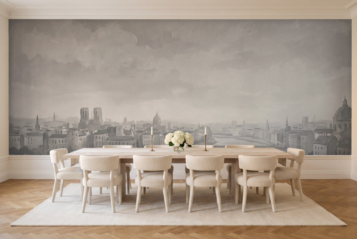 Grey City Cityscape Mural in a dining room