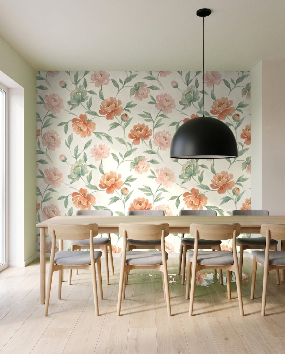 Blush Peony Floral Mural on a feature wall