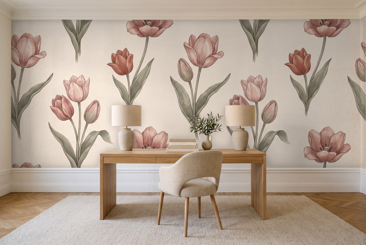 Blush Tulip Floral Mural in a home office