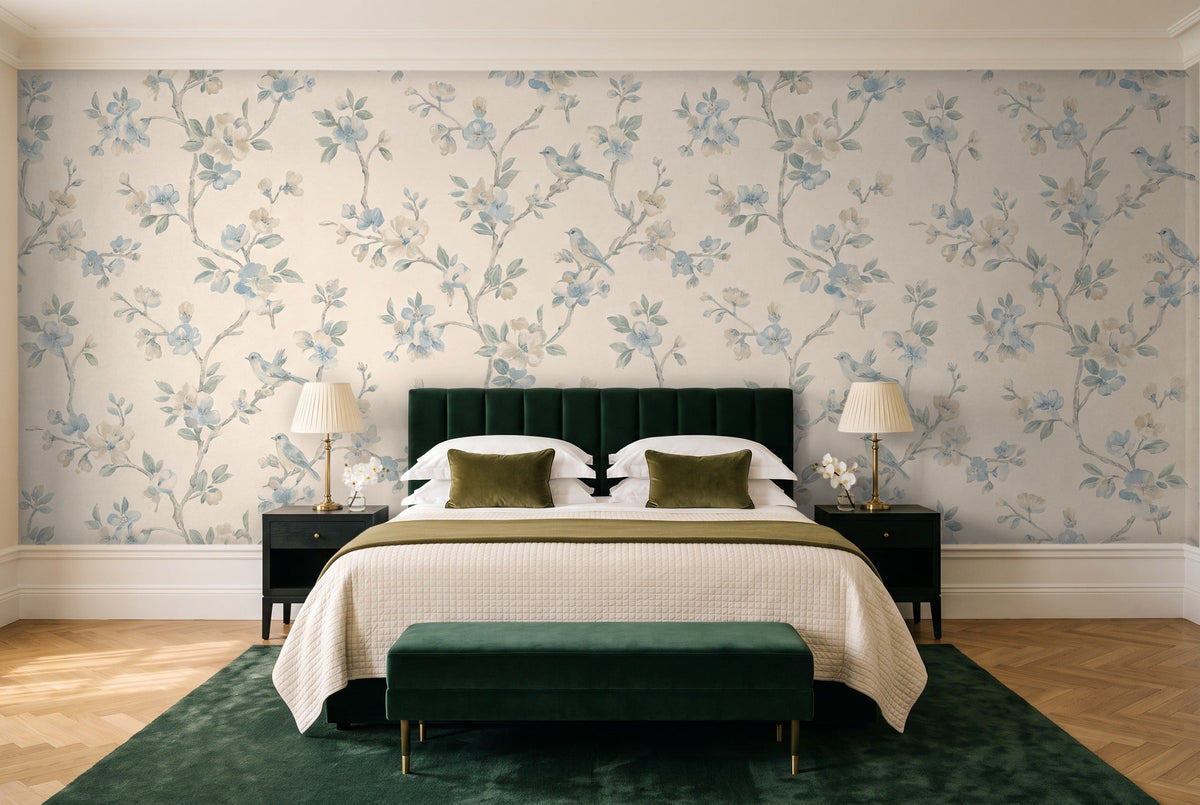 Light Blue Cherry Blossom Floral Mural in a bedroom