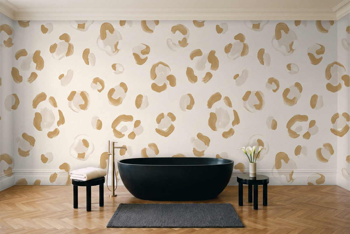 White And Gold Cheetah Animal Mural in a bathroom