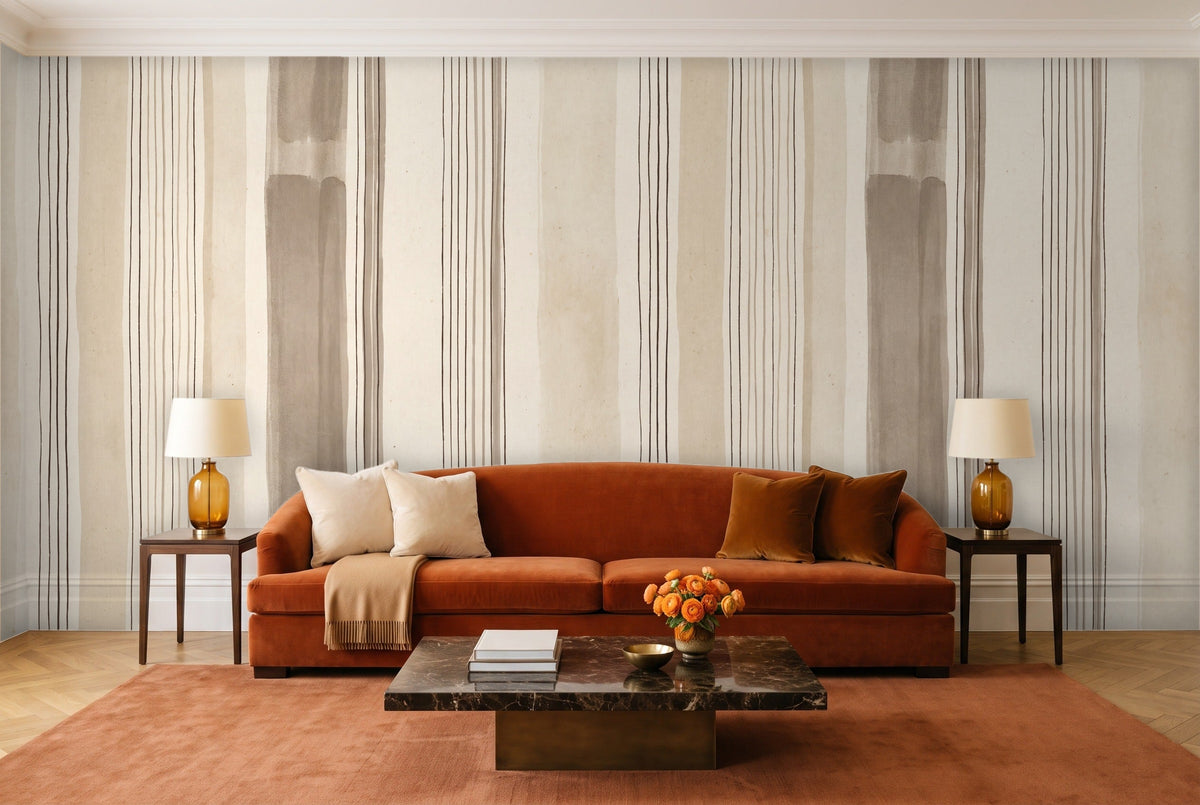 Beige Stripe Mural in a living room