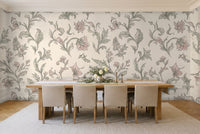 Green And Pink Leaf Botanical Mural in a dining room