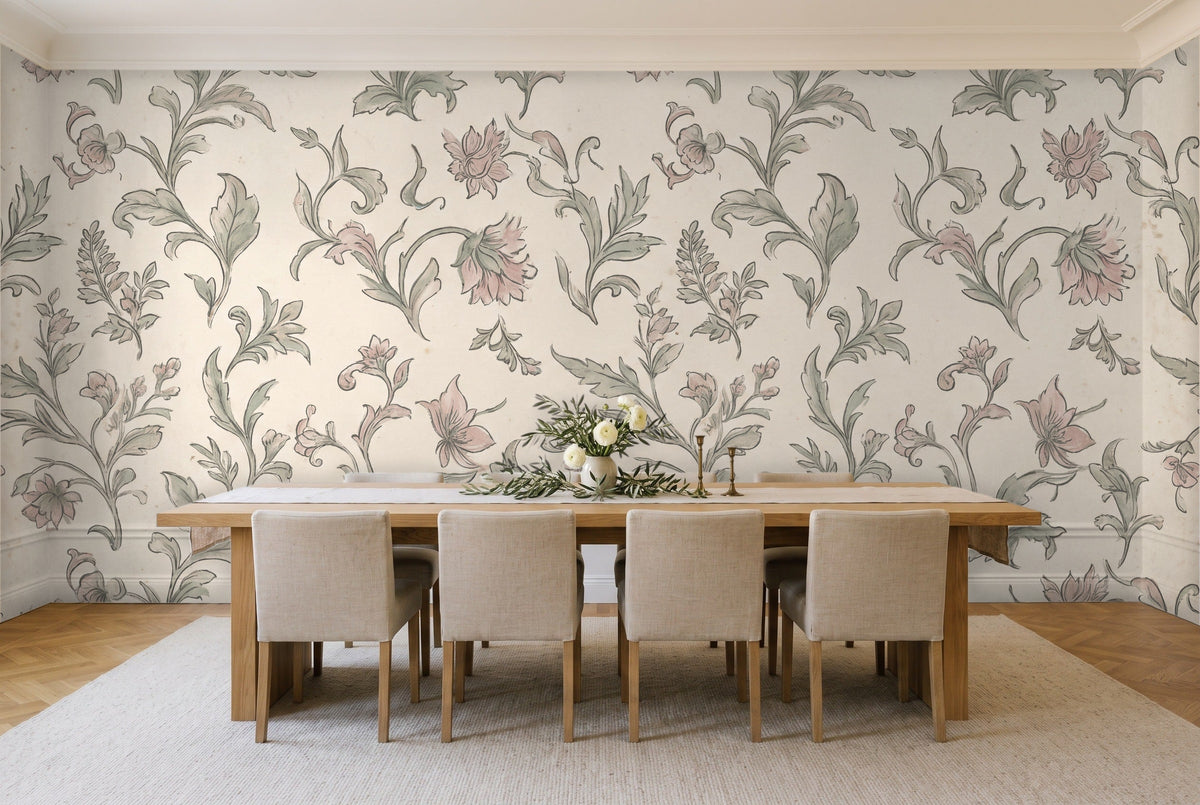 Green And Pink Leaf Botanical Mural in a dining room