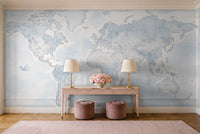 Light Blue World Map Map Mural in an entryway