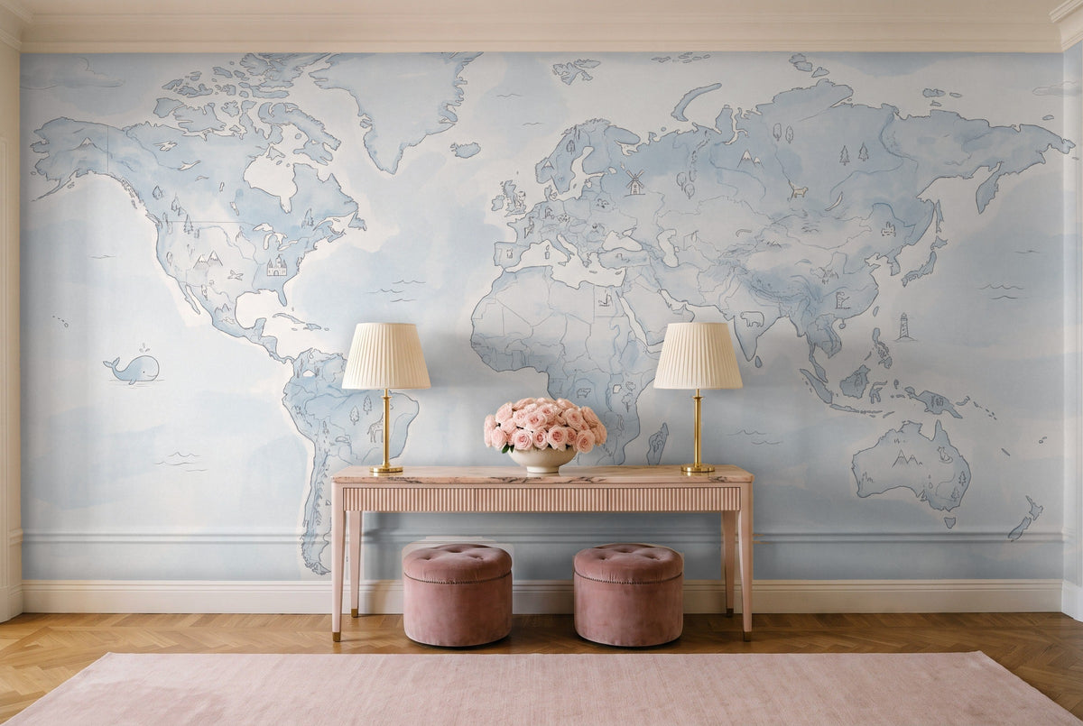 Light Blue World Map Map Mural in an entryway