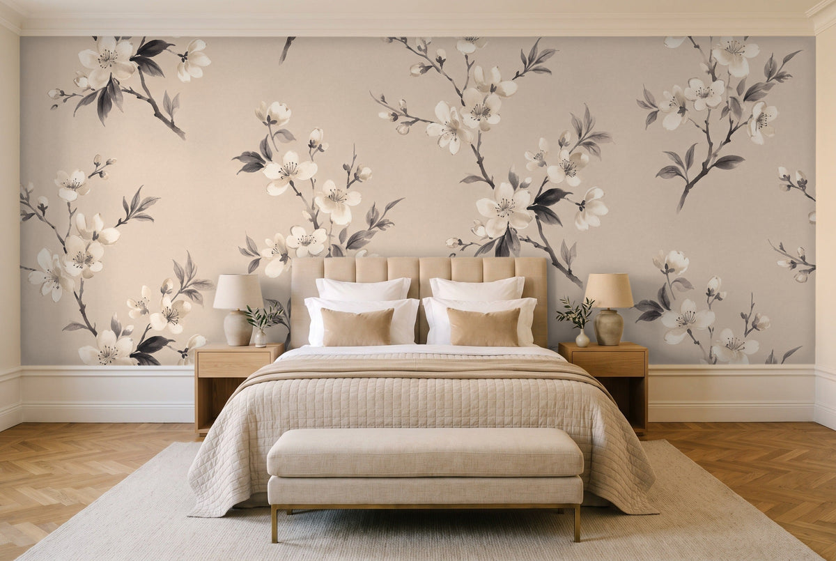 Cream Cherry Blossom Floral Mural in a bedroom